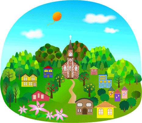 バラエティーミックス絵日記 イラスト 人が行きかう街 教会のある風景 カントリー編