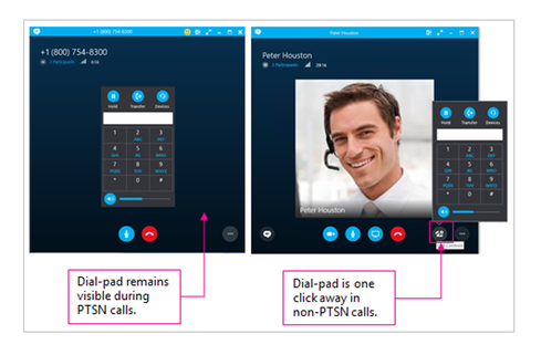 Quick Access To Call Controls

Skype for Business provides users with a quick access bar to control call functions. While participating in a call that engages a public switched telephone network (PSTN), a dial pad is visible on the screen. Even if the calls are non-PSTN, all call controls and the dial pad can be accessed with just one click.

Operations to control the call include hold, pause, speaker volume, transfer call, and manage devices such as mic, and they provide users with full control to facilitate effective conversations during meetings.

(Image: Microsoft) 

