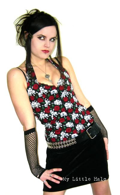 skulls and roses print halter neck zipper top