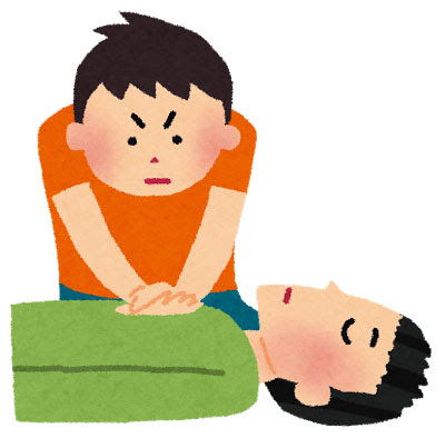 無料素材 倒れている人に心臓マッサージをしている男性を描いたイラスト