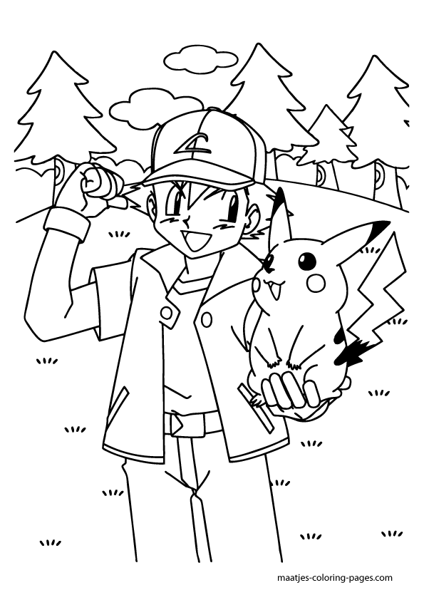 Pikachu and Ash Ketchum coloring page