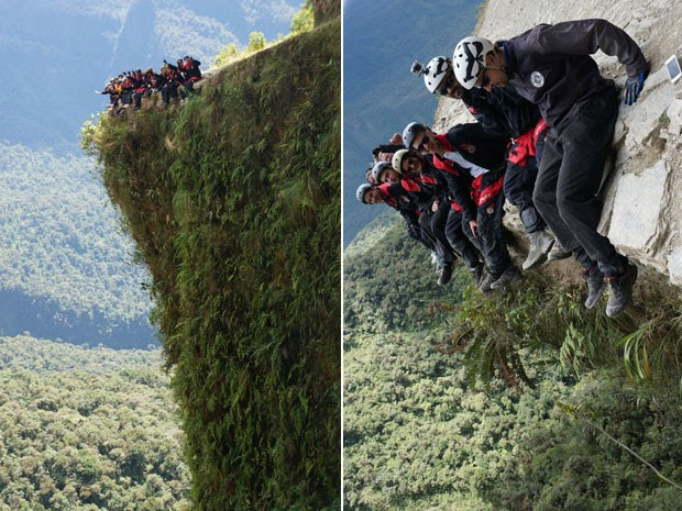 Turistas no Caminho da Morte: precipícios de vários metros de profundidade (Foto: GravityBolivia.com/Divulgação)