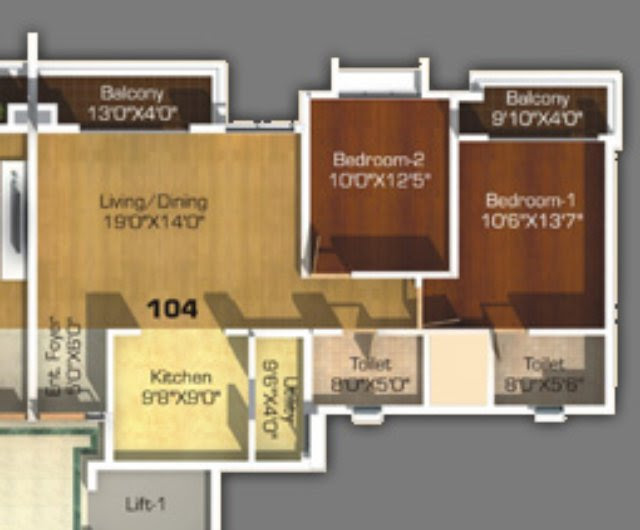 Sangria Towers Megapolis 2 BHK Flat 894 sq.ft. Carpet - 1,118 sq.ft. Saleable - D, F Towers (Type 2) - Living/Dining 19X14