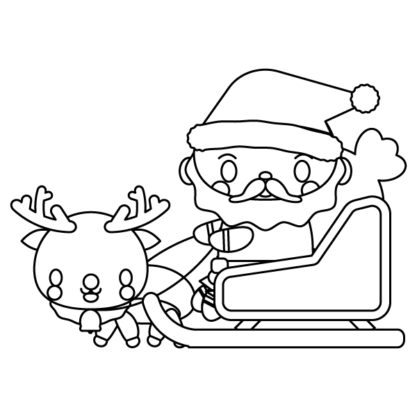 塗り絵に最適な白黒でかわいいソリに乗ったサンタクロースの無料イラスト 商用フリー オイデ43