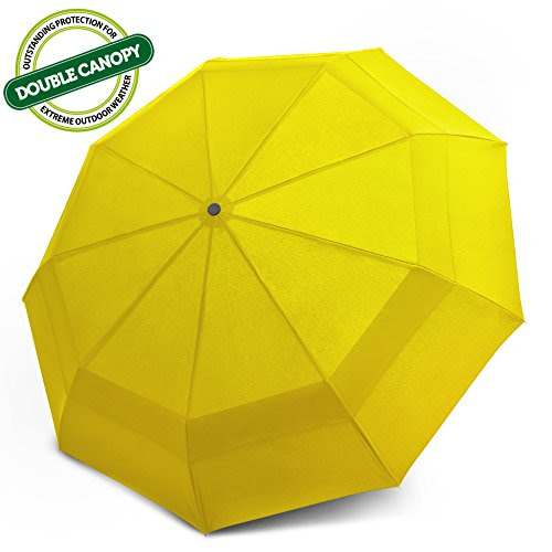 EEZ-Y Double Canopy Wind Resistant Travel Umbrella - Auto Open/ Close Button for One Handed Operation - Compact and Lightweight for Easy Carrying (Yellow)