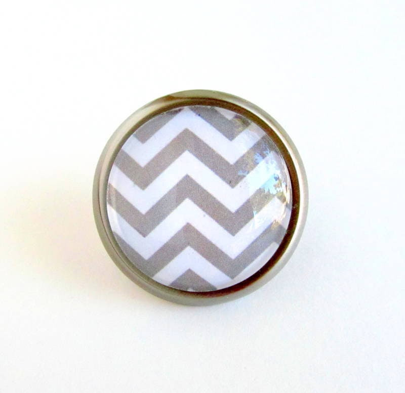 Grey White Chevron Glass and Metal Round Knob Nursery Decor - featherandwind