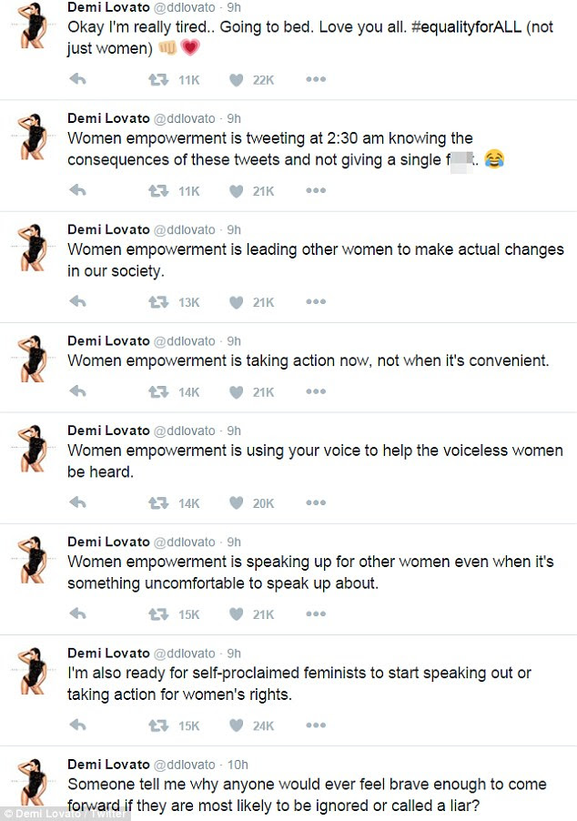 Rant: The night before, Lovato was among the dozens of artists who 'dirtied her hands' by posting their support for Kesha, although none were as impassioned as her epic ten tweet rant