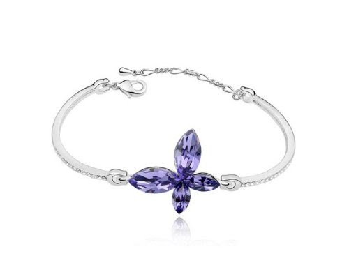  Bracelet papillon - Cristal Swarovski Elements violet - Métal plaqué or blanc - 15 cm