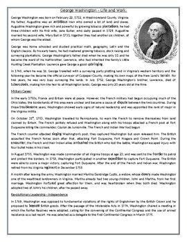  george washington life and work reading comprehension worksheet