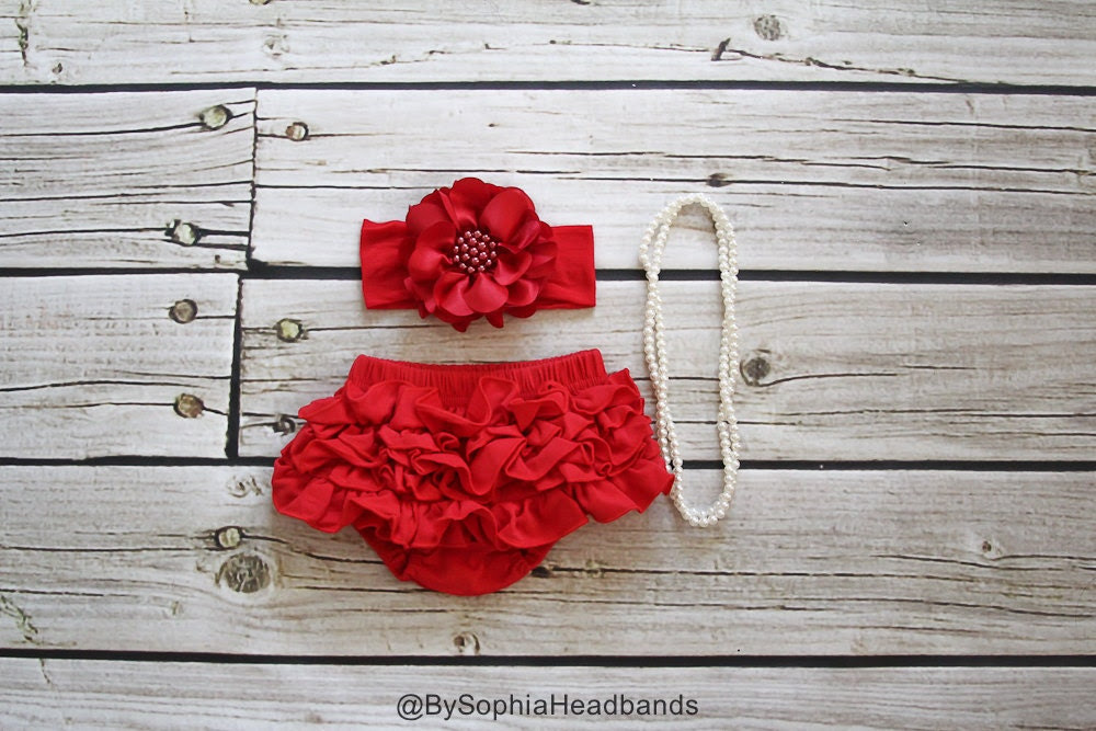 Red Ruffle Back Bloomers and Headband, Baby Flower Headband, Red Baby Bloomers, Christmas Headband, Red Headband, Cotton Baby Bloomers, 2222