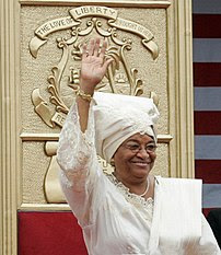 Liberian President Ellen Johnson Sirleaf waves...