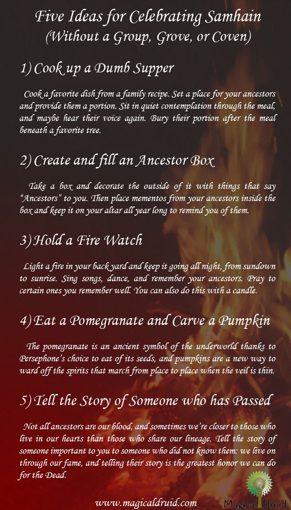 From The Magical Druid, things for people to do to celebrate Samhain even if they don’t have a local group to work with on the night.