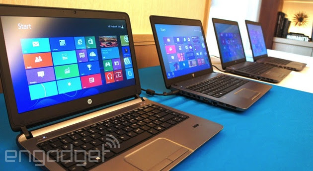 Row of HP laptops running Windows 8