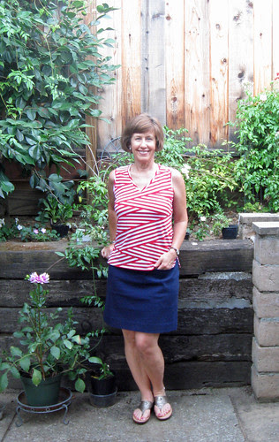 red and white knit top