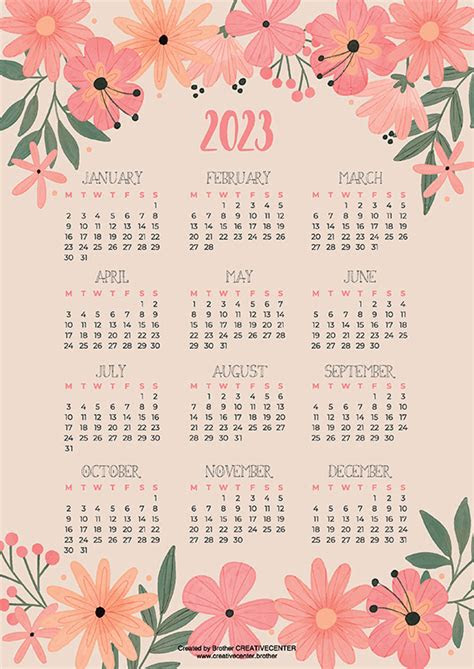  printable calendar for free floral pink 2023