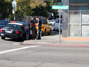 Two police officers arrest a woman 