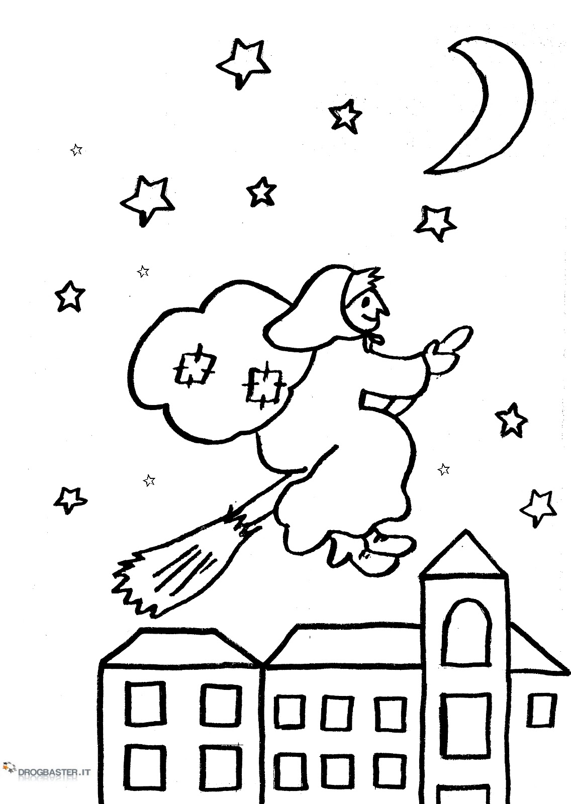 befana che vola di notte · befana tra le nuvole · disegno per bambini della befana · disegno da stampare della befana