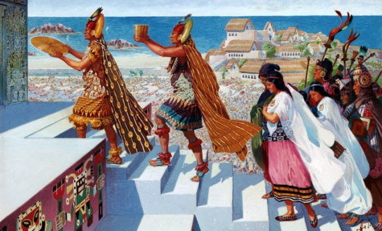 ca. 1938 --- Worshippers climb the steps of the Temple of Pachacamac --- Image by © National Geographic Society/Corbis