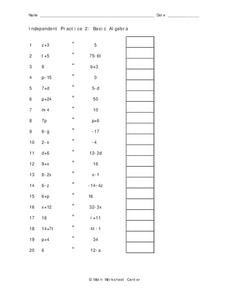 Basic Algebra Worksheet for 8th - 9th Grade | Lesson Planet