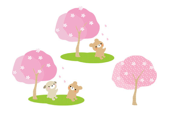無料素材 満開のさくらとカワイイ動物を描いたお花見のイラスト素材セット