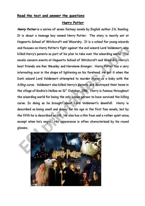  harry potter reading comprehension worksheets