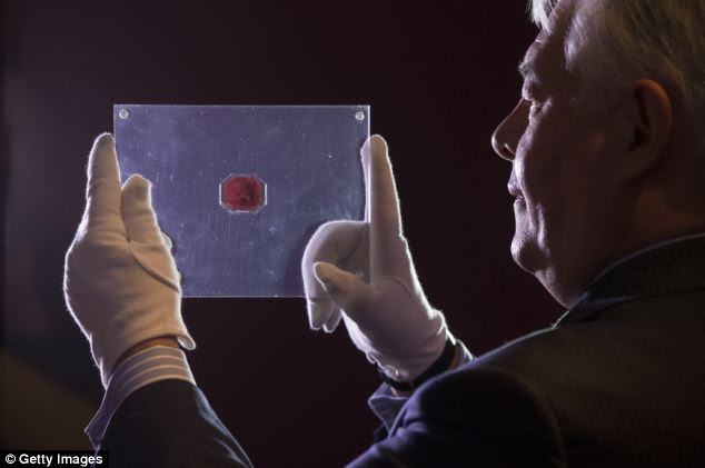 An employee of Sotheby's auction house holds a case containing the sole-surviving 'British Guiana One-Cent Magenta' stamp dating from 1856