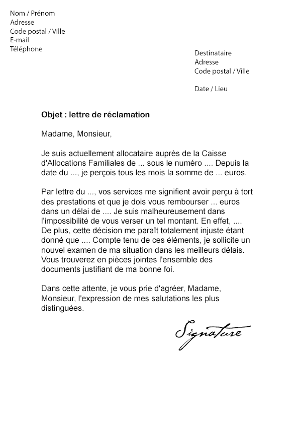 Lettre de réclamation CAF (Contestation d'un remboursement 