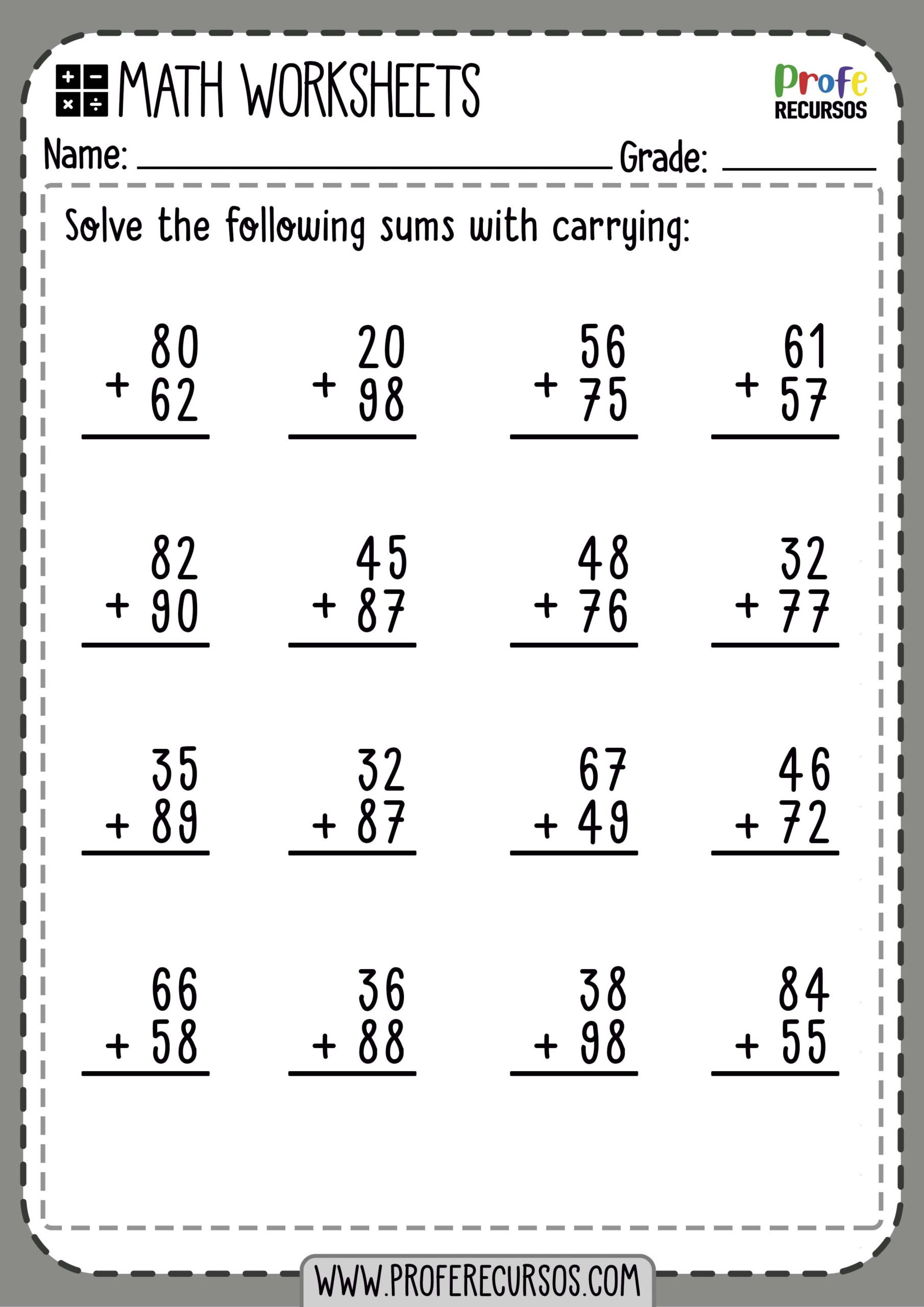 2-Digit Addition with Carrying | Math Worksheets