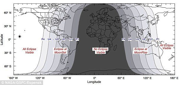 It will be most visible in the northwestern third of America (illustration shown), where all stages can be witnessed. Farther east in the US, various phases will occur after moonset. None of the eclipse will be visible from Europe, Africa or the Middle East though