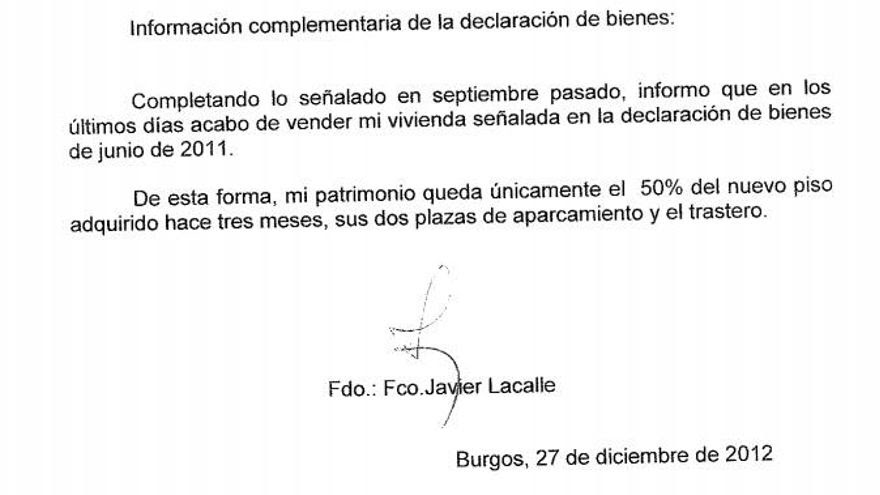 Hoja añadida a la declaración de bienes del alcalde de Burgos
