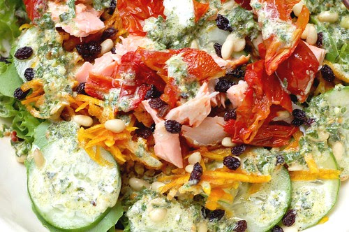 Greens with quinoa, broiled salmon oven roasted tomatoes, cucumber, beets, pinenuts, currants and lemon pesto mayo dressing by Eve Fox, Garden of Eating blog, copyright 2011