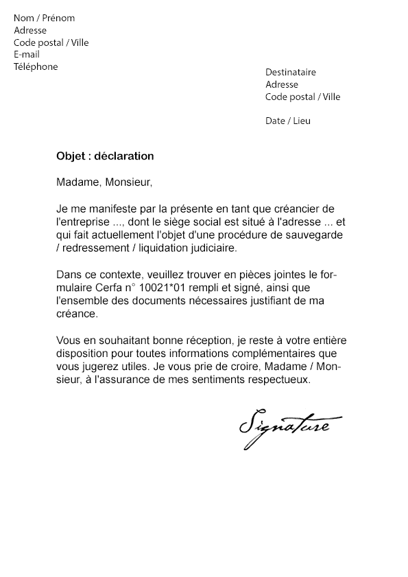 Lettre de déclaration de Créance - Modèle de Lettre