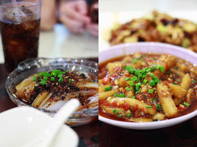 Chinatown Szechuan Food - Spicy Chilled Mung Bean Noodles (Liangfen) and Fried Eggplant