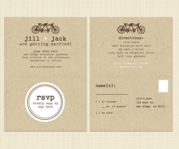 Bicycle Wedding Invitation with Perforated Tearoff RSVP Postcard Vintage 