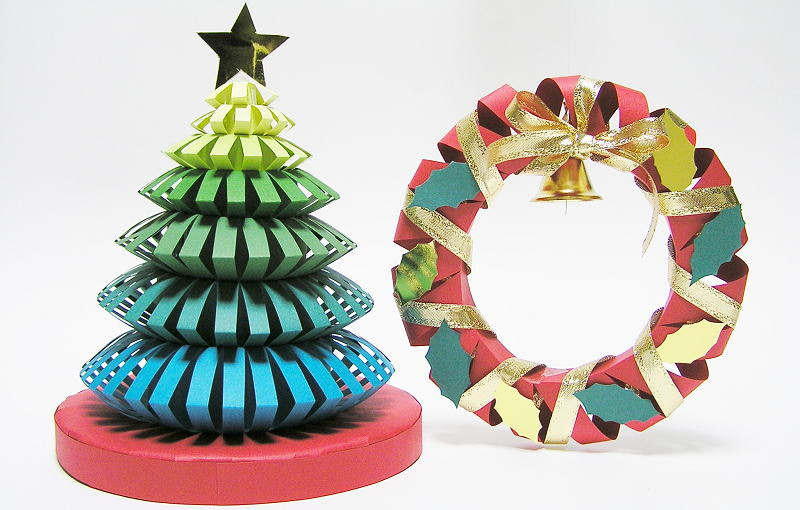 紙工作 クリスマスツリーとクリスマスリース