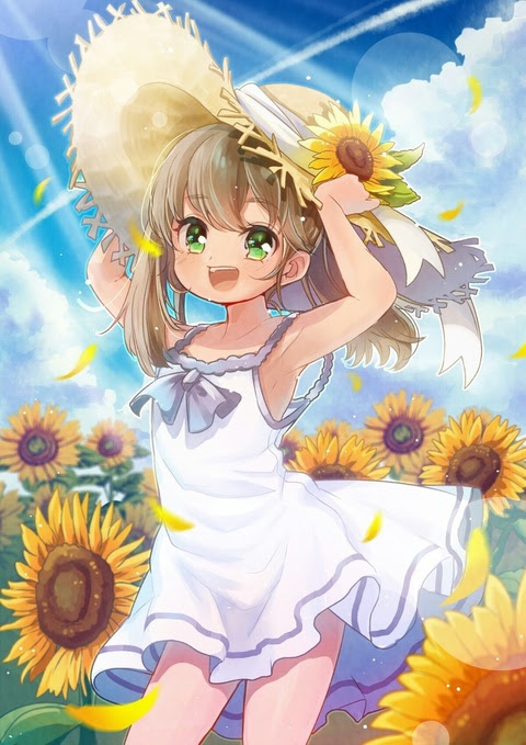 Tinami イラスト 麦わら帽子とひまわりと女の子