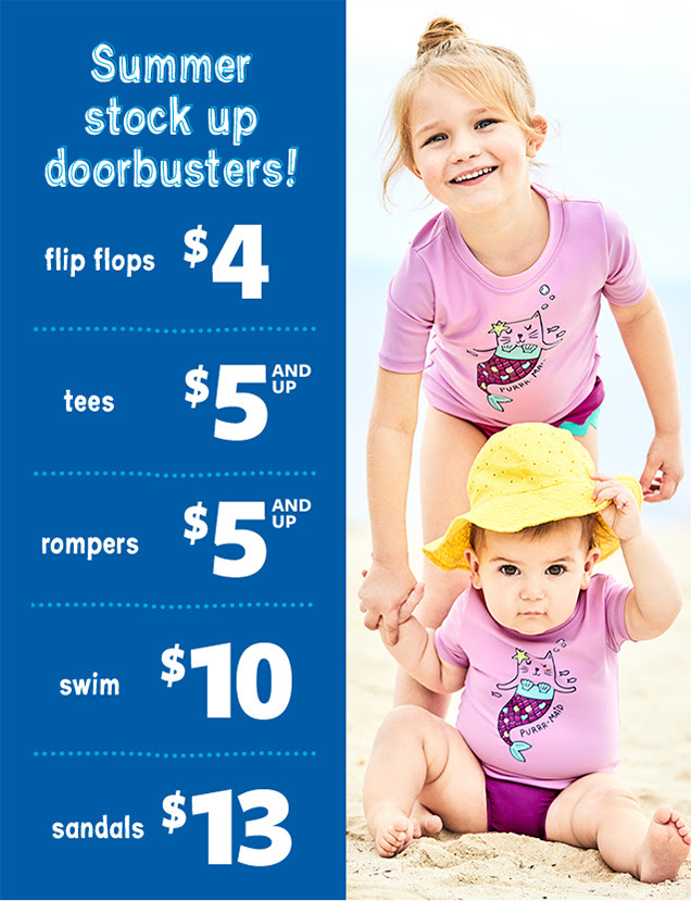 Summer stock up doorbusters! | flip flops $4 | tees $5 AND UP | rompers $5 AND UP | swim $10 | sandals $13