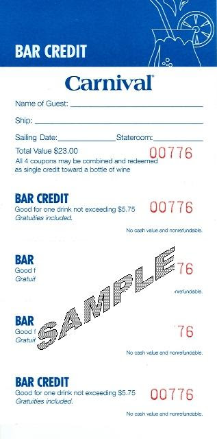 Carnival Cruise Cash Drink Coupons/Bar Credit | CruiseMapper