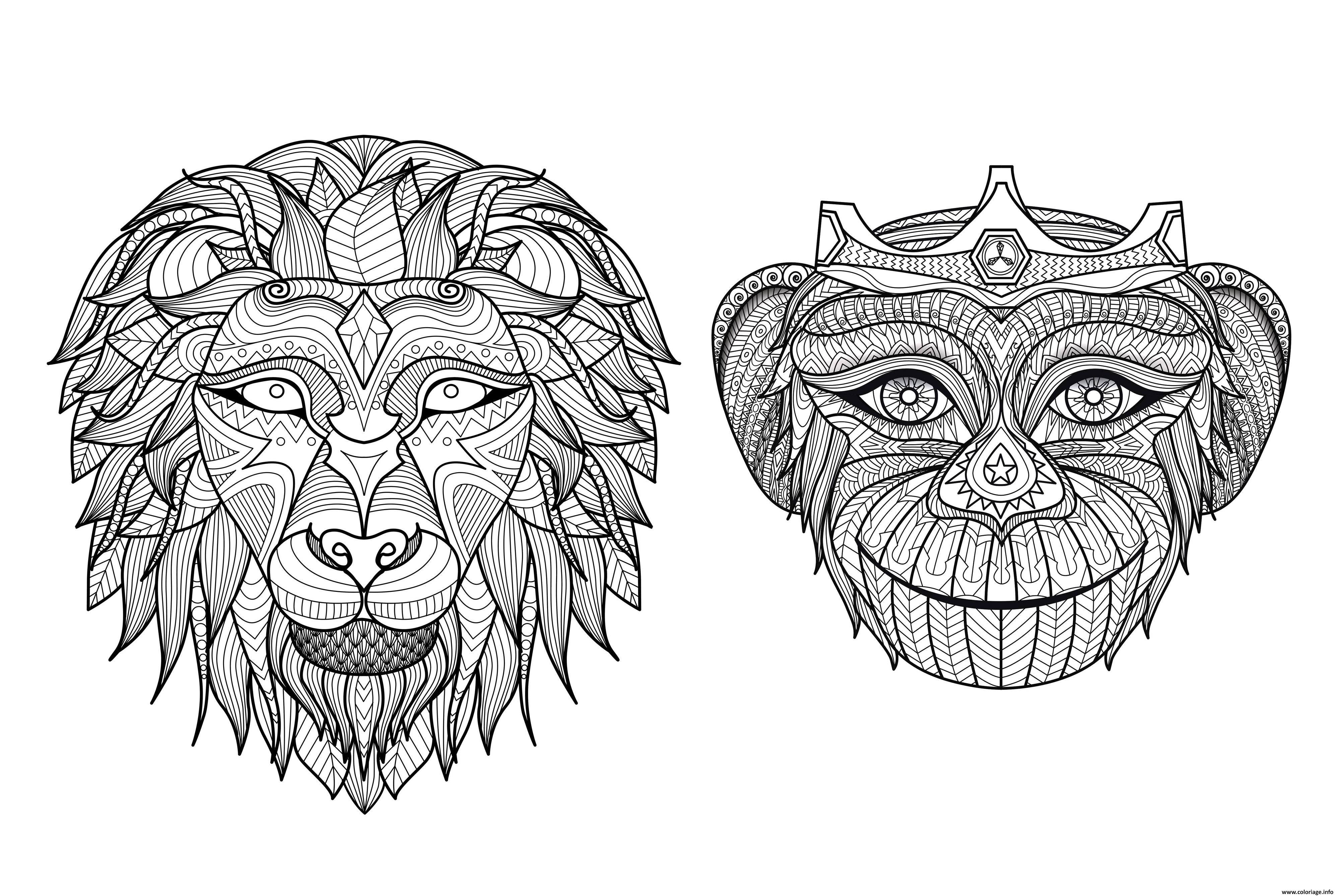Coloriage Adulte Tetes Singe Lion Dessin   Imprimer