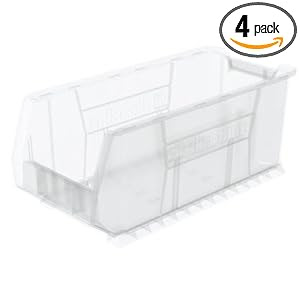Akro-Mils 30287 24-Inch D by 11-Inch W by 10-Inch H Clear Super Size Plastic Stacking Storage AkroBin, 4-Pack