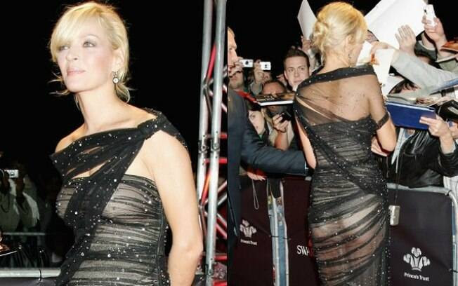 Uma Thurman ousou no visual e estava com um vestido praticamente transparente diante dos flashes dos paparazzi. Foto: Getty Images
