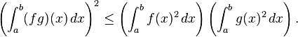 \left( \int_a^b (fg)(x) \, dx \right)^2 \leq \left( \int_a^b f(x)^2 \, dx \right) \left( \int_a^b g(x)^2 \, dx \right). 