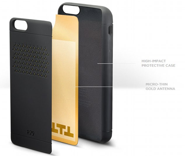 A thin gold antenna is sandwiched between two layers of plastic, one with protective rubber cushioning (pictured). The metal shows through the outer plastic layer to make a pattern. The combined antenna system creates superior signal reception, which enables the device to work more efficiently, the company claims
