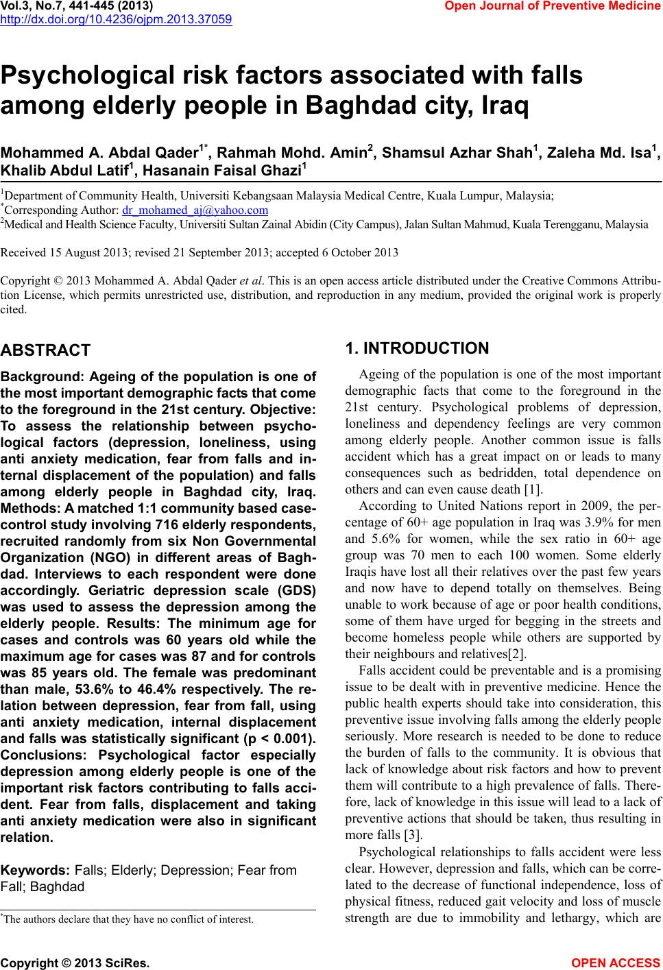 Psychological risk factors associated with falls among 