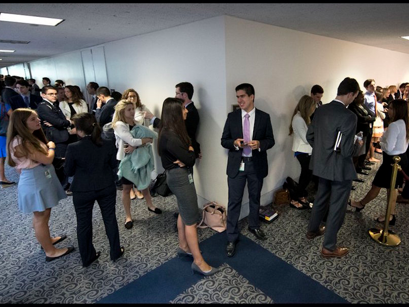 The line outside the Senate hearing room in which former FBI Director James Comey will testify on Thursday.