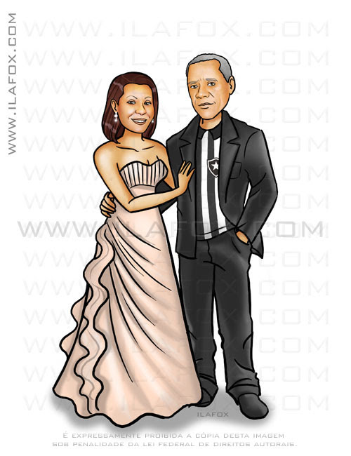 Caricatura casal mais velho, vestido de noiva cor salmão, noivo uniforme botafogo