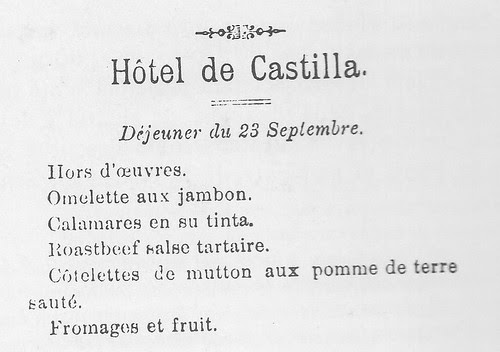 Menú del Hotel Castilla de Toledo del día 23 de septiembre de 1894 publicado en el Diario de Toledo