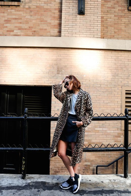Le Fashion Blog Leopard Coat Grey Tee Leather Skirt Grey Black Sneakers Via Always Judging 