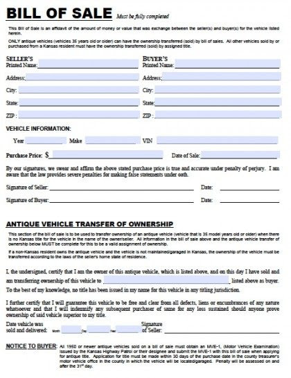 Free Kansas DMV (Vehicle) Bill of Sale TR-12 Form PDF Word (.doc 