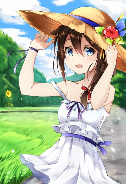 Tags: Anime, Pixiv Id 6018940, Kantai Collection, Shigure (Kantai Collection), Sunflower, Yellow Flower, Summer